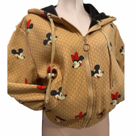 Gucci Dupe Tan Faux fur lined cropped Hoodie with Mickey and Minnie print. - Picture 4 of 6
